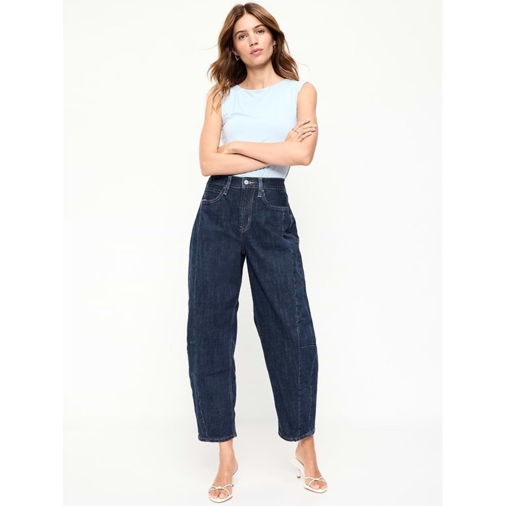 Old Navy Womens High-Rise Barrel Leg Jeans Dark Wash Denim Size 16